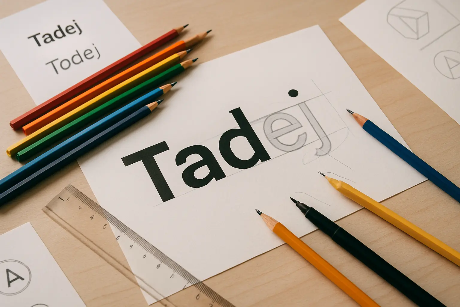 Processo de criação de logotipo com lápis de cor e esboços