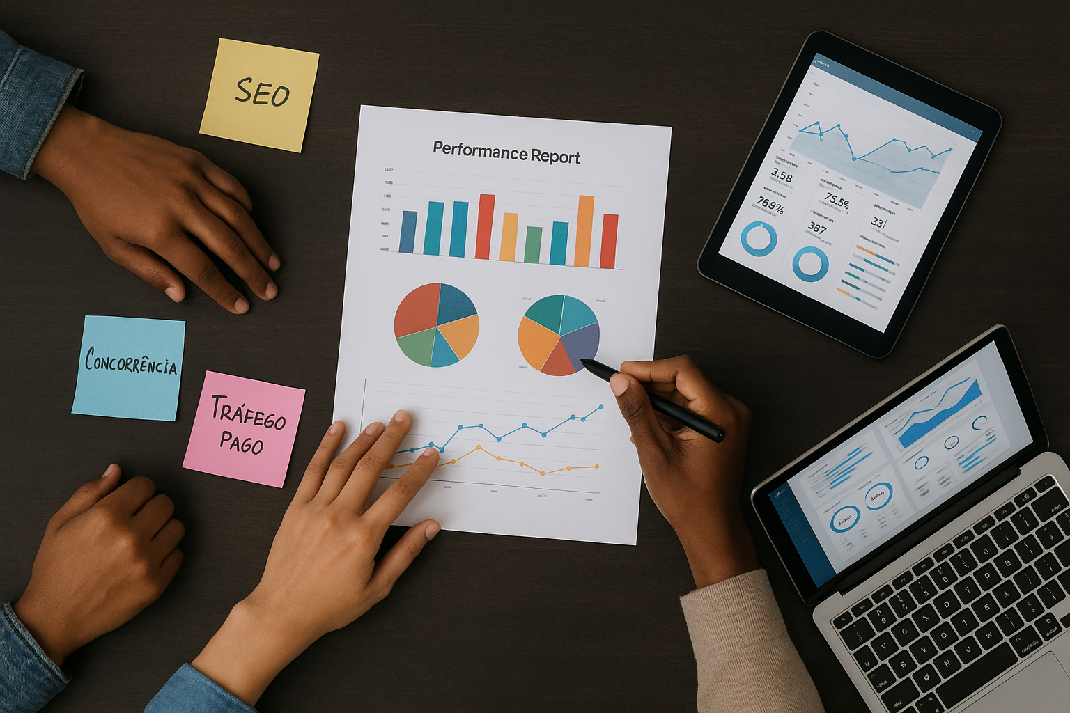 Mesa de trabalho com relatórios de marketing digital e indicadores de performance
