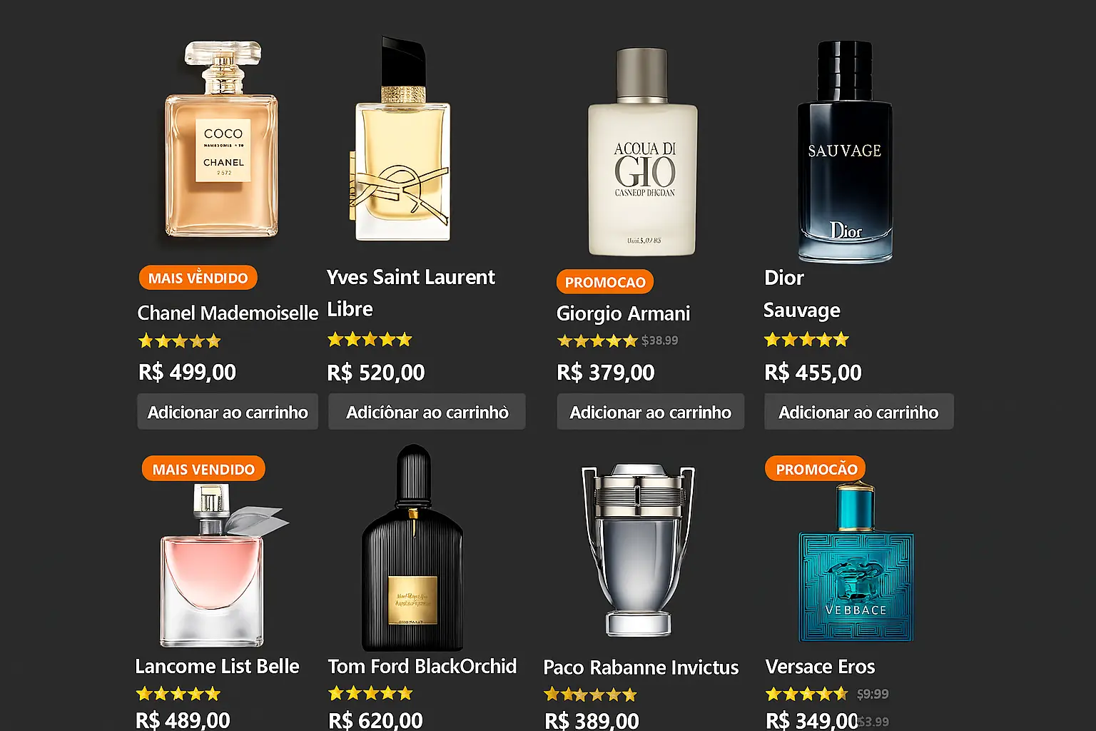 Interface de loja online com perfumes e botões de compra