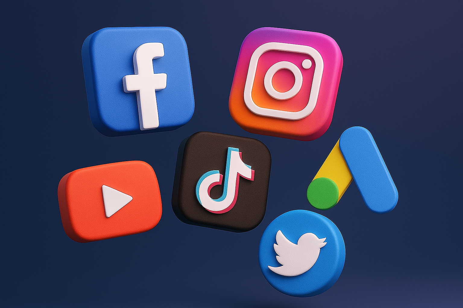 Ícones 3D de redes sociais como Instagram, Facebook, TikTok e Google Ads flutuando