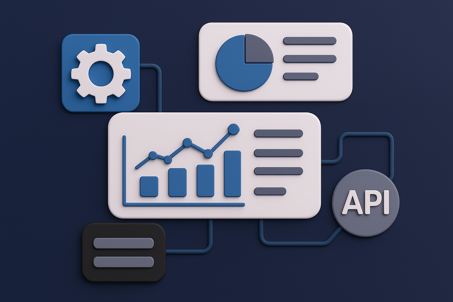 Dashboard com gráficos e painéis conectados por fluxos e API